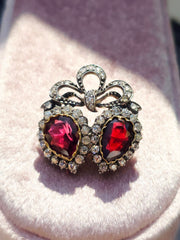 14k Gold & Silver Victorian Antique Double Heart Garnet and Diamond Brooch | Indulgems