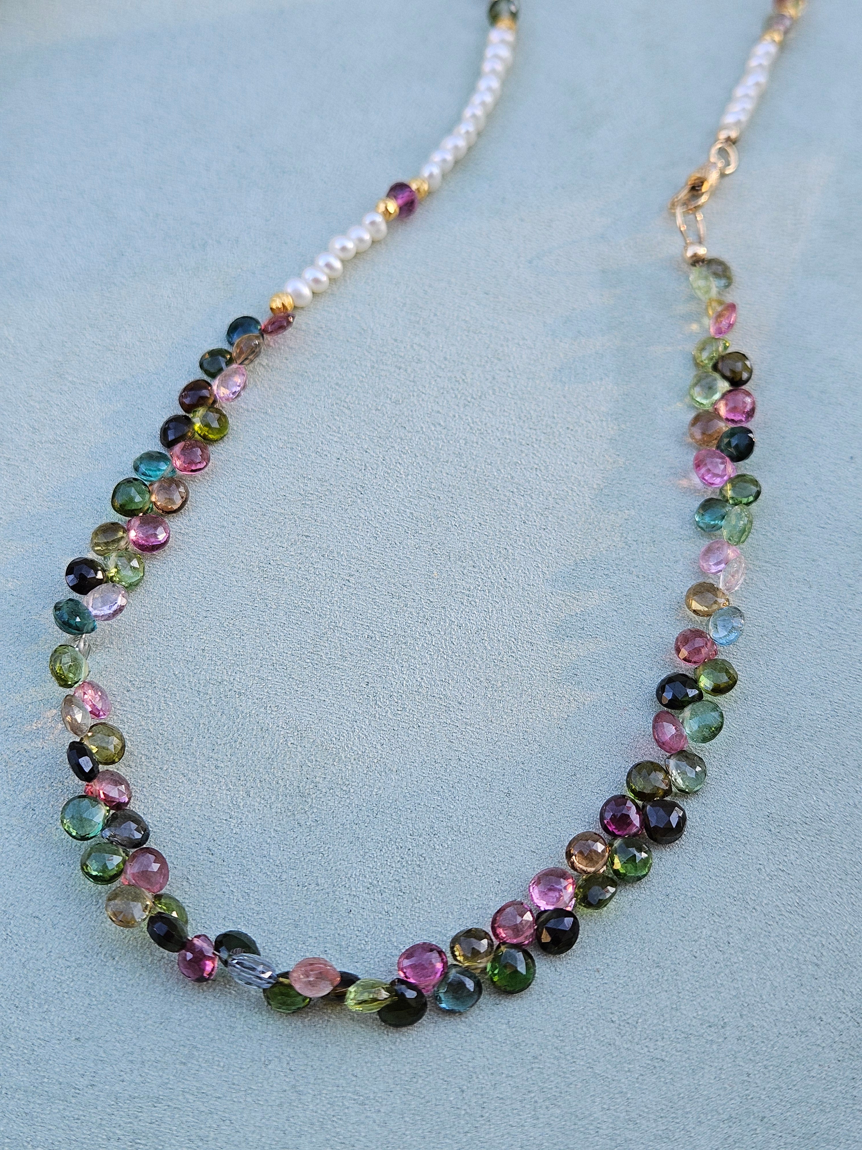 Multicolor Tourmaline Gemstone Briolette Freshwater Pearl Rainbow Moonstone 18K Yellow Gold Halfsie Necklace