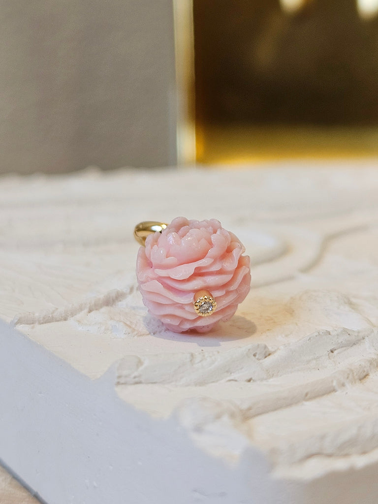 18K Solid Gold Hand Carved Pink Opal Peony Flower Ball Charm Pendant