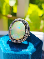 Black Rhodium Sterling Silver & 18k Gold Large Opal & Diamond Donut Halo Statement Ring sz 8 | Indulgems