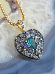14k Yellow Gold & Platinum Large Emerald and Tanzanite Heart Locket Pendant | Indulgems