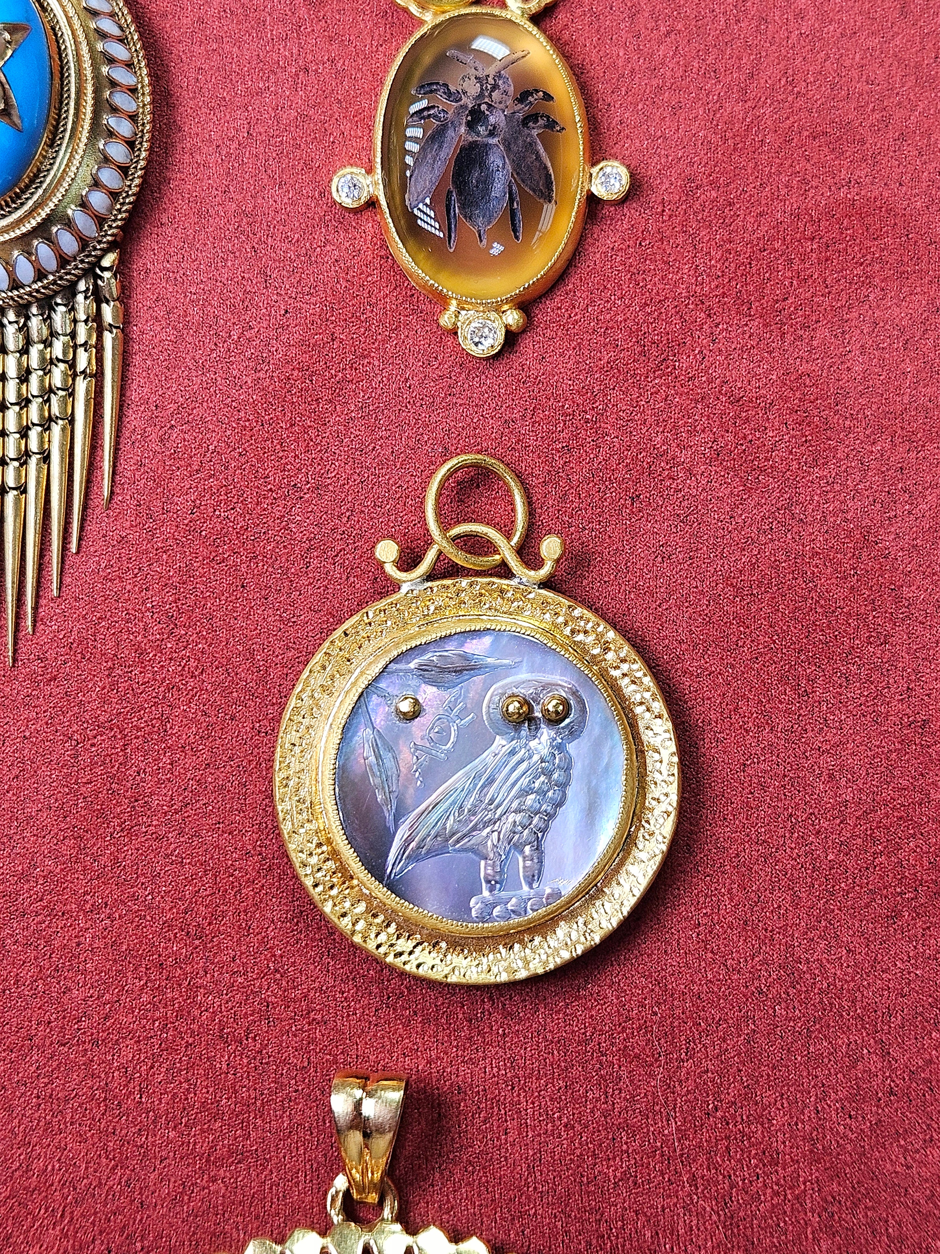 24K Gold Mother of Pearl Pendant with Silver - Owl of Athena