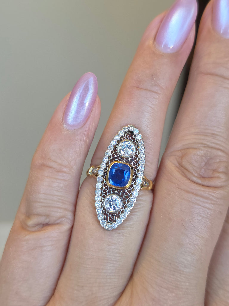 18k Yellow Gold & Platinum Cornflower Blue Sapphire Diamond Navette Ring Size 8 | Indulgems | Antique Vintage