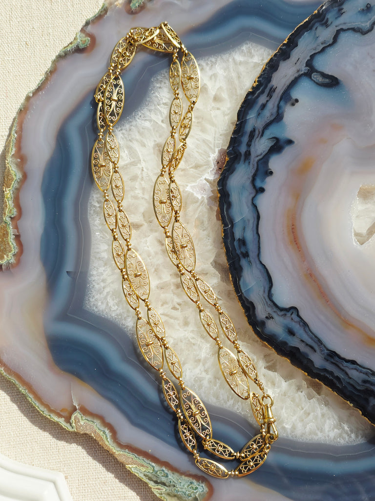 18K Gold Antique Filigree Link Long Chain Necklace 36.5" | Indulgems | Designs in Real Gold