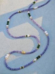 Genuine Gemstone Tanzanite, Chrome Diopside, Freshwater Pearl 18K Yellow Gold Long Necklace 32"