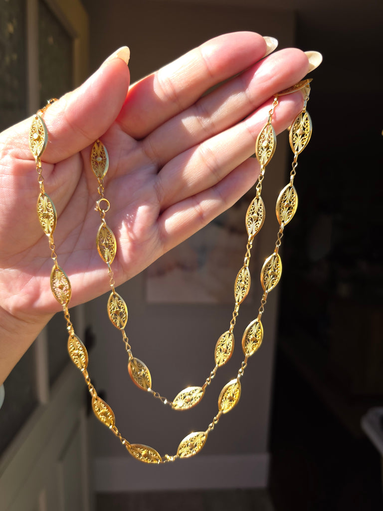 18k Solid Gold French Filigree Chain Long Necklace 29" | Indulgems