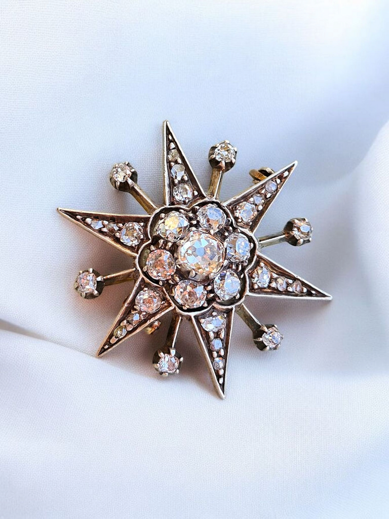 14K Yellow Gold & Silver - Antique Diamond Star Brooch | Indulgems | Designs in Real Gold