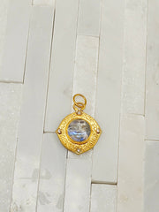24K Gold Rainbow Moonstone Pendant with Diamond & Sterling Silver - Carved Moon Face Intaglio