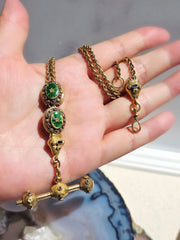 18k Solid Gold Green Enameled Watch Chain Necklace with Ruby Accent | Indulgems | Antique Revival