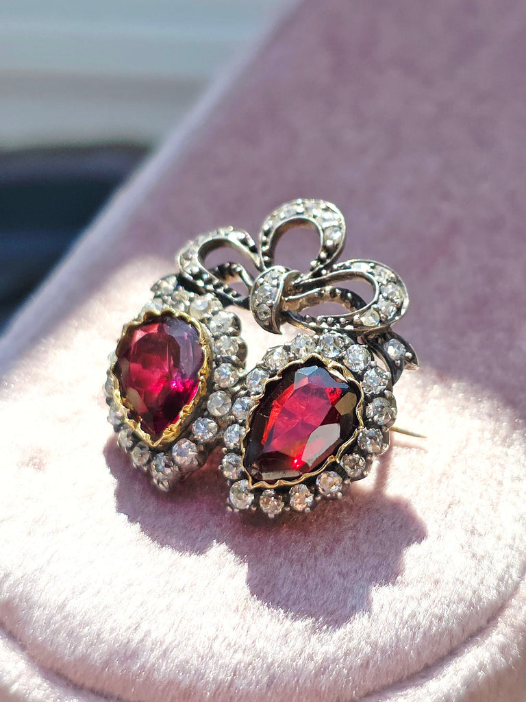 14k Gold & Silver Victorian Antique Double Heart Garnet and Diamond Brooch | Indulgems
