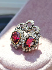 14k Gold & Silver Victorian Antique Double Heart Garnet and Diamond Brooch | Indulgems