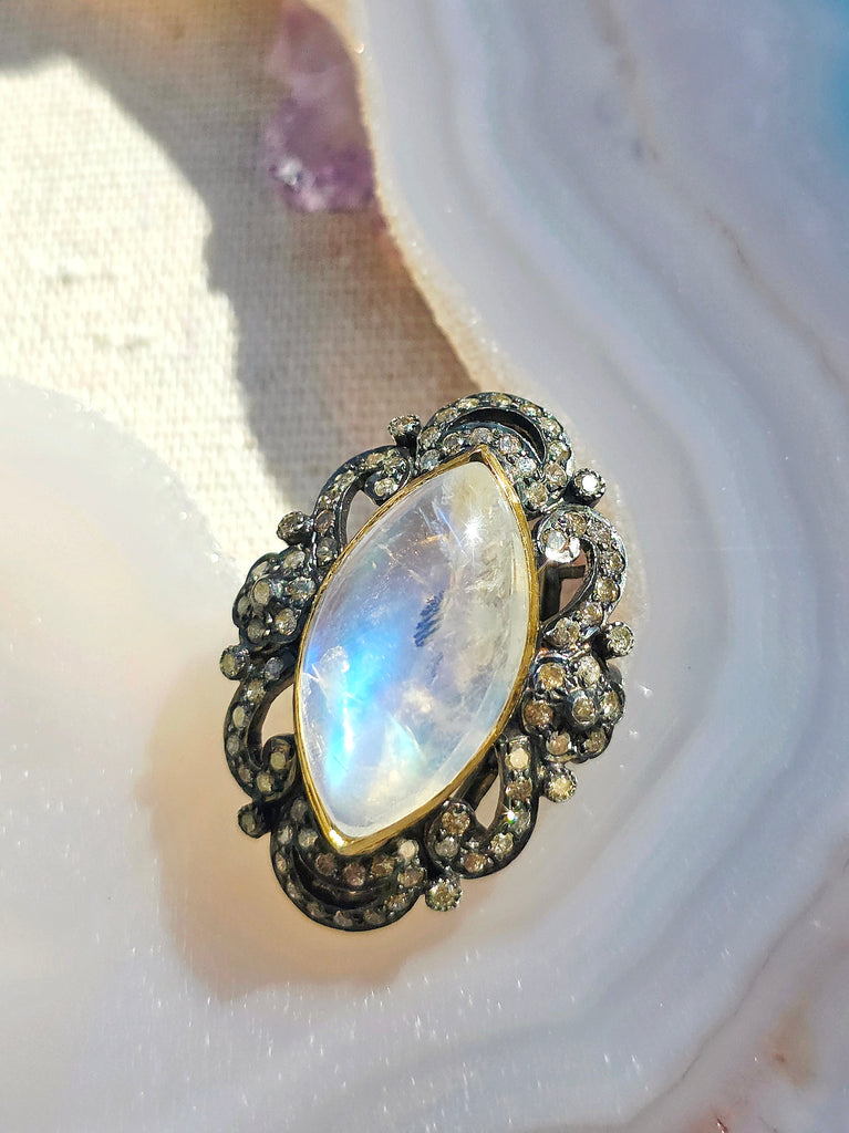 18k Gold & Sterling Silver Rainbow Moonstone Marquise Cabochon with Champaign Diamond Ring | Indulgems