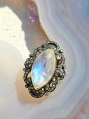 18k Gold & Sterling Silver Rainbow Moonstone Marquise Cabochon with Champaign Diamond Ring | Indulgems