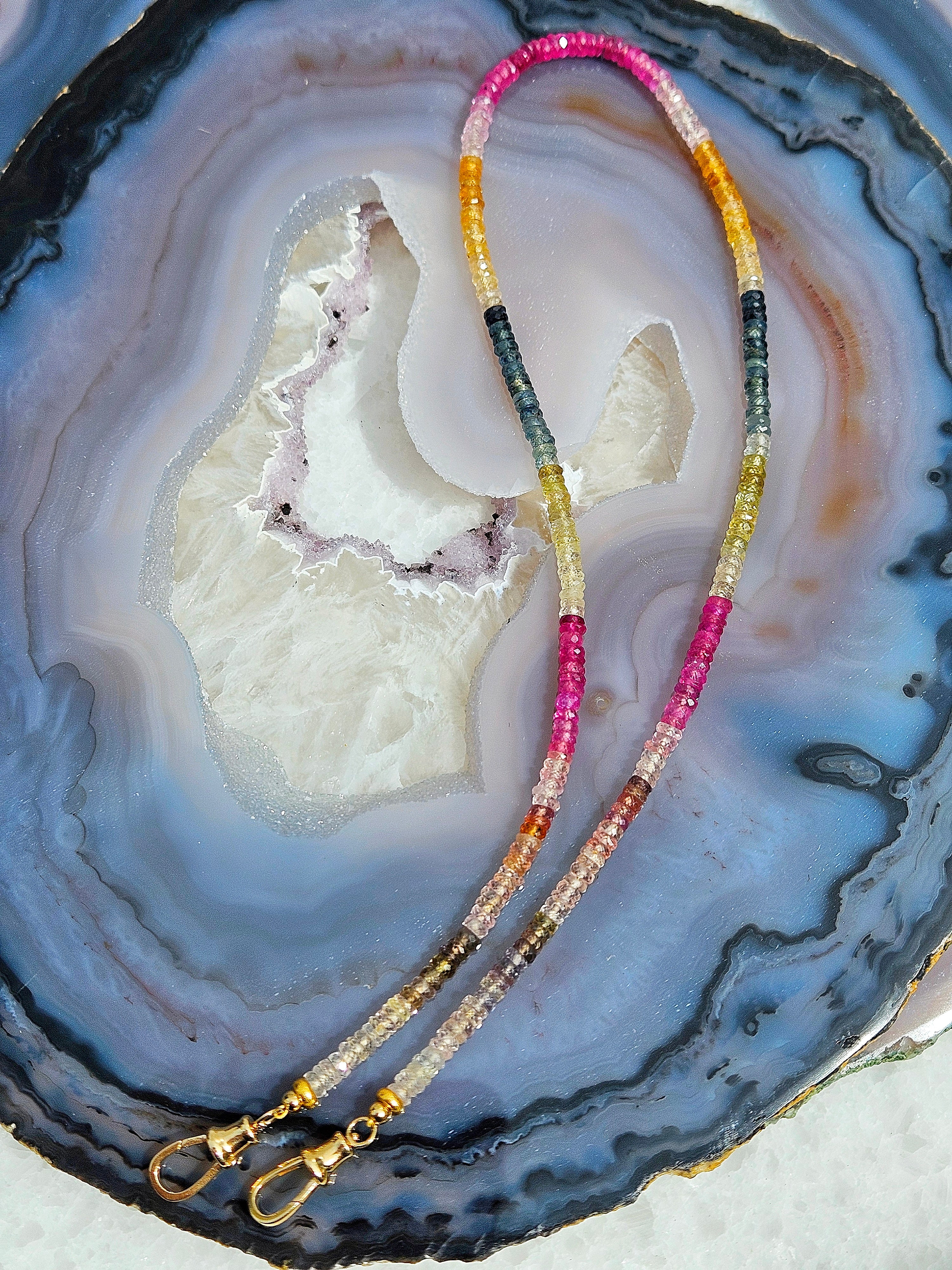 18k Solid Gold Multicolor Sapphire Faceted Gemstone Bead Necklace 17" | Indulgems | Designs in Real Gold