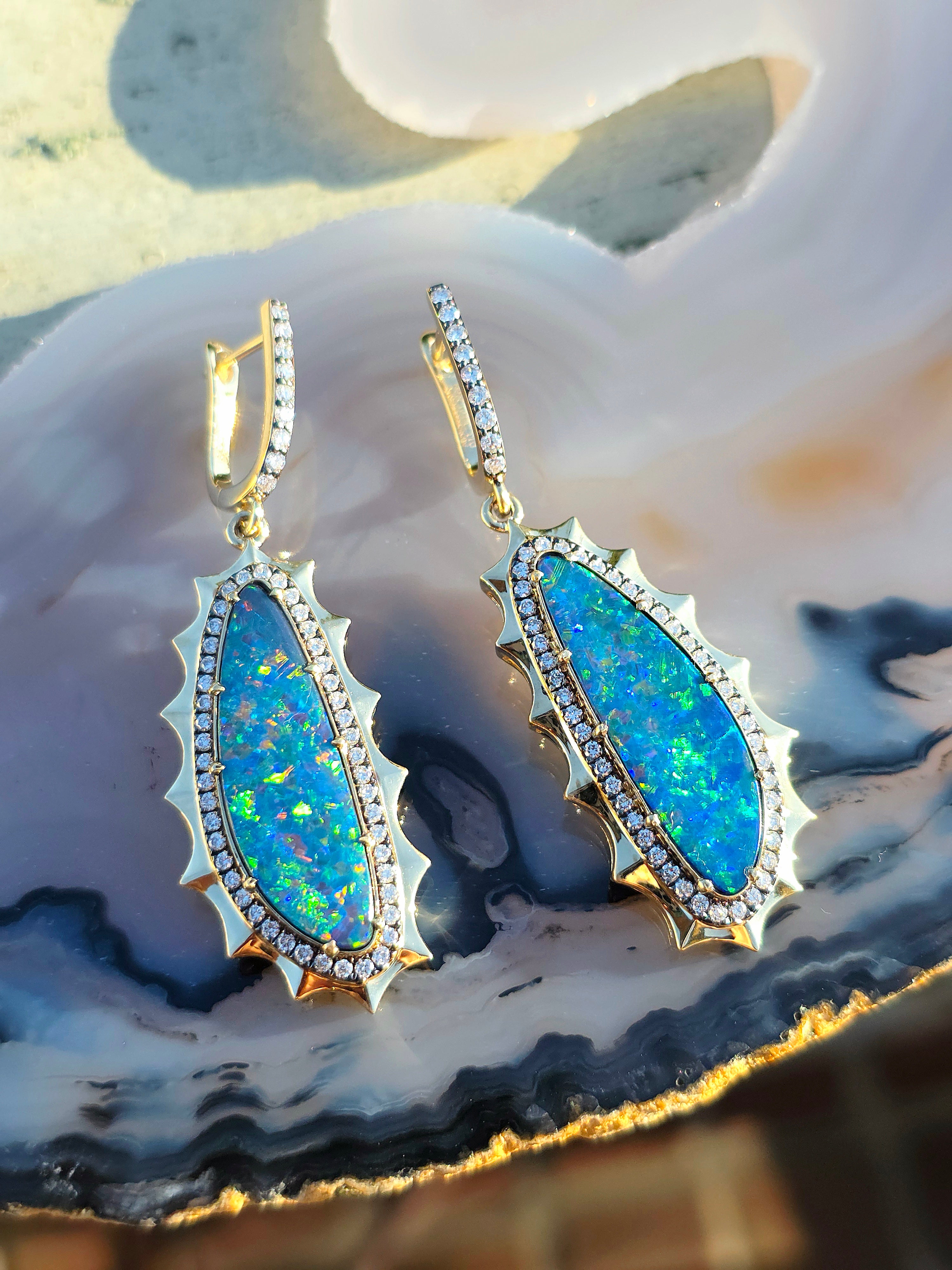 14k Yellow Gold Australian Opal Aurora Halo Earrings | Indulgems