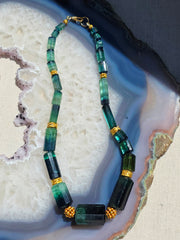 2IN1 - 18K Solid Two-Tone Gold Antique Watch Chain & Natural Green Tourmaline Faceted Barrel Gemstone Necklace