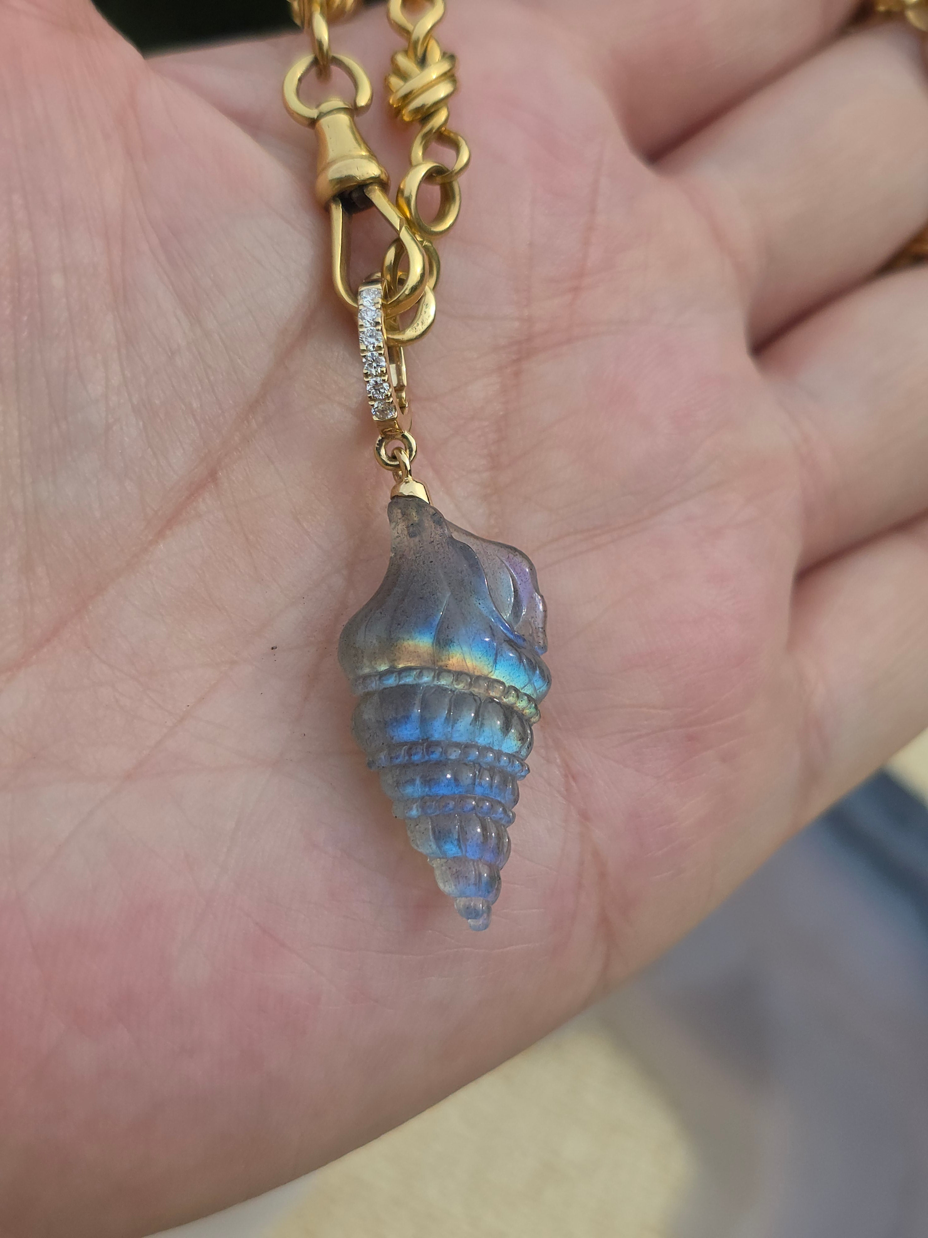 14k Solid Gold Handcarved Labradorite Seashell Pendant | Indulgems