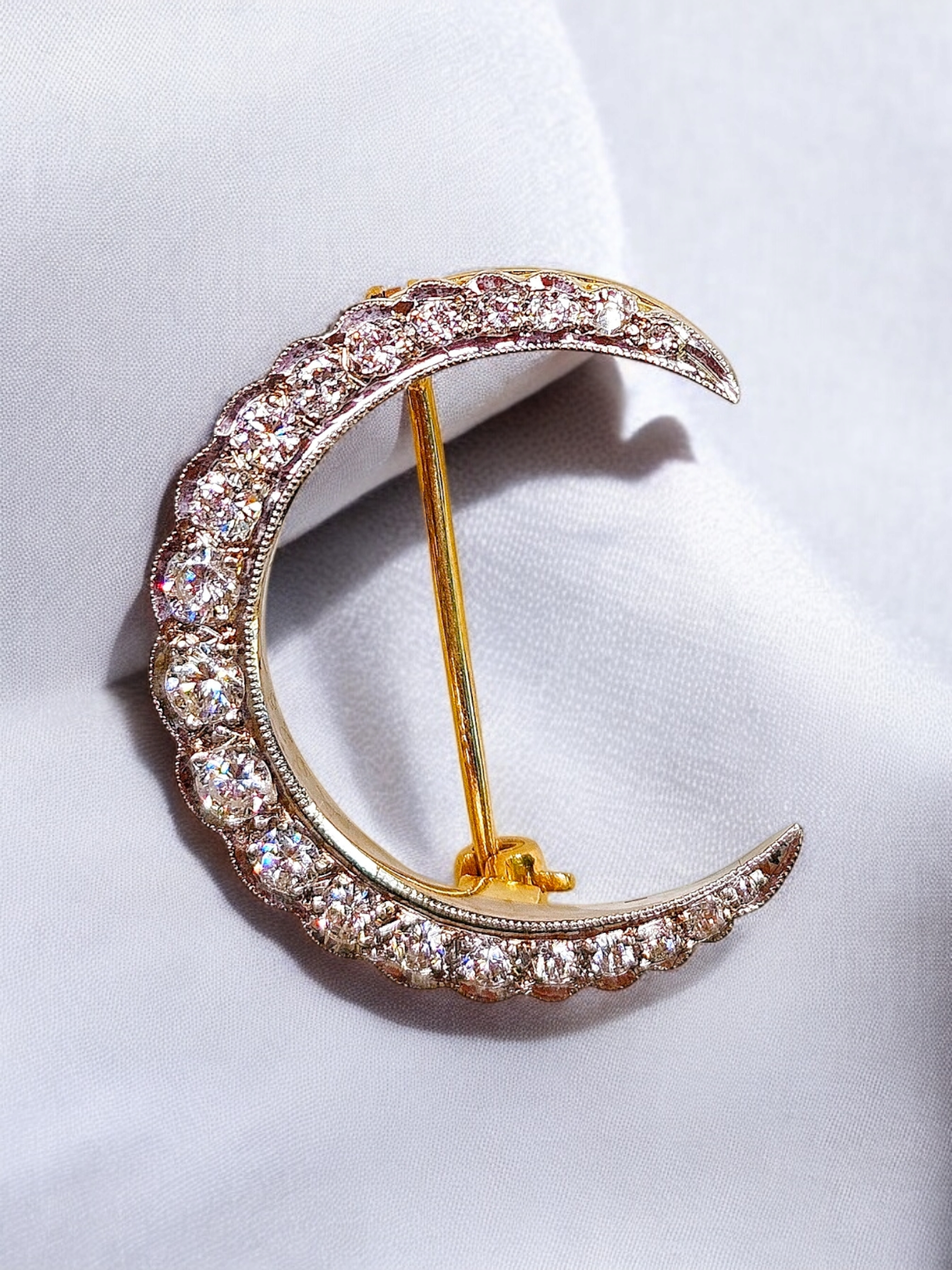 14k Gold Diamond Crescent Moon Brooch | Indulgems