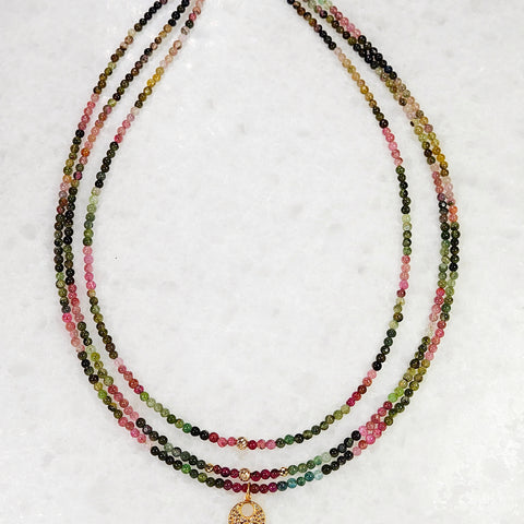 14K Yellow Gold Triple Strand Multicolor Tourmaline Round Bead Necklace 16" with Diamond Pave Disc Charm