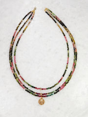 14K Yellow Gold Triple Strand Multicolor Tourmaline Round Bead Necklace 16" with Diamond Pave Disc Charm