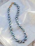 18K Solid Gold Natural Silver Tahitian Pearl Necklace with Small Flowers, Diamonds & Antique inspired Hand Fist Clasp 18"