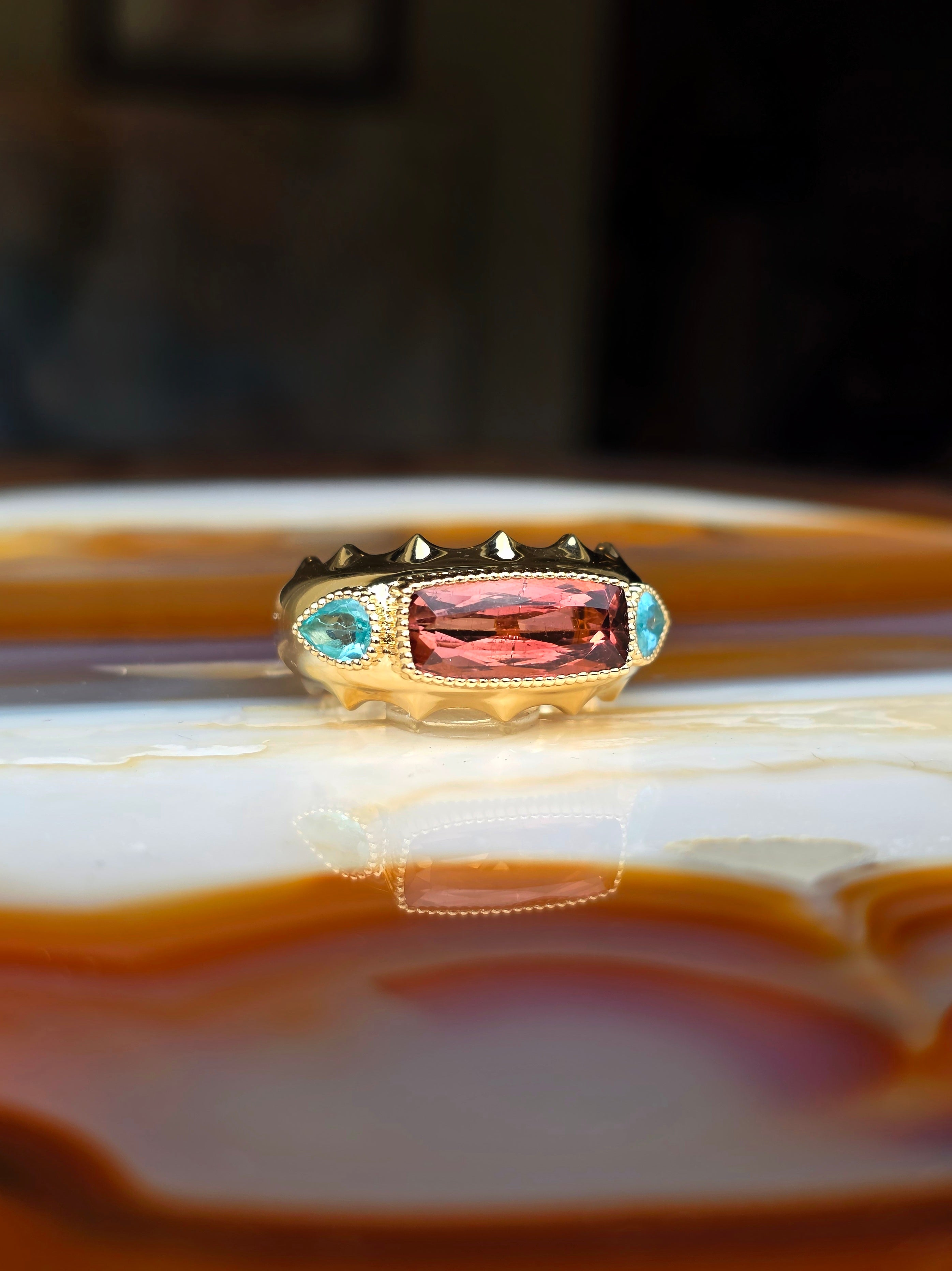 14k Solid Gold Pink Tourmaline & Apatite Gemstone Band Ring Size 8 | Indulgems | Aurora