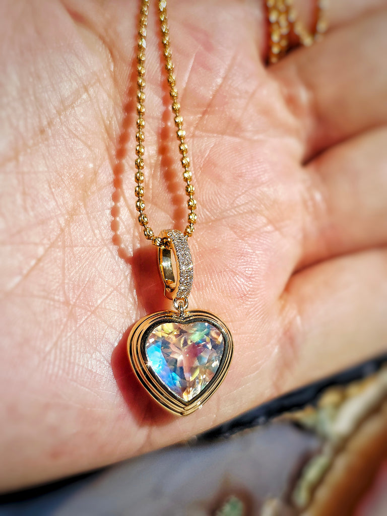 18k Solid Gold Madagascar Rainbow Moonstone Heart Pendant | Indulgems