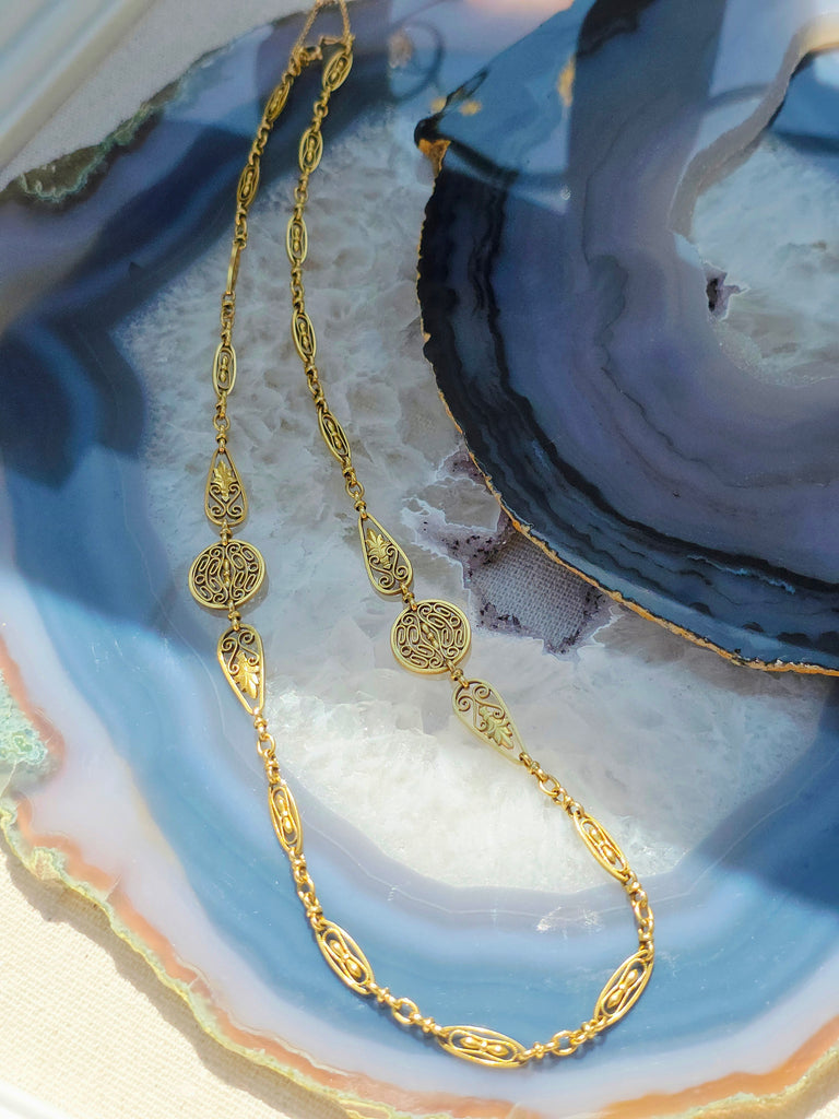 18k Solid Gold French Antique Filigree Necklace 20" | Indulgems