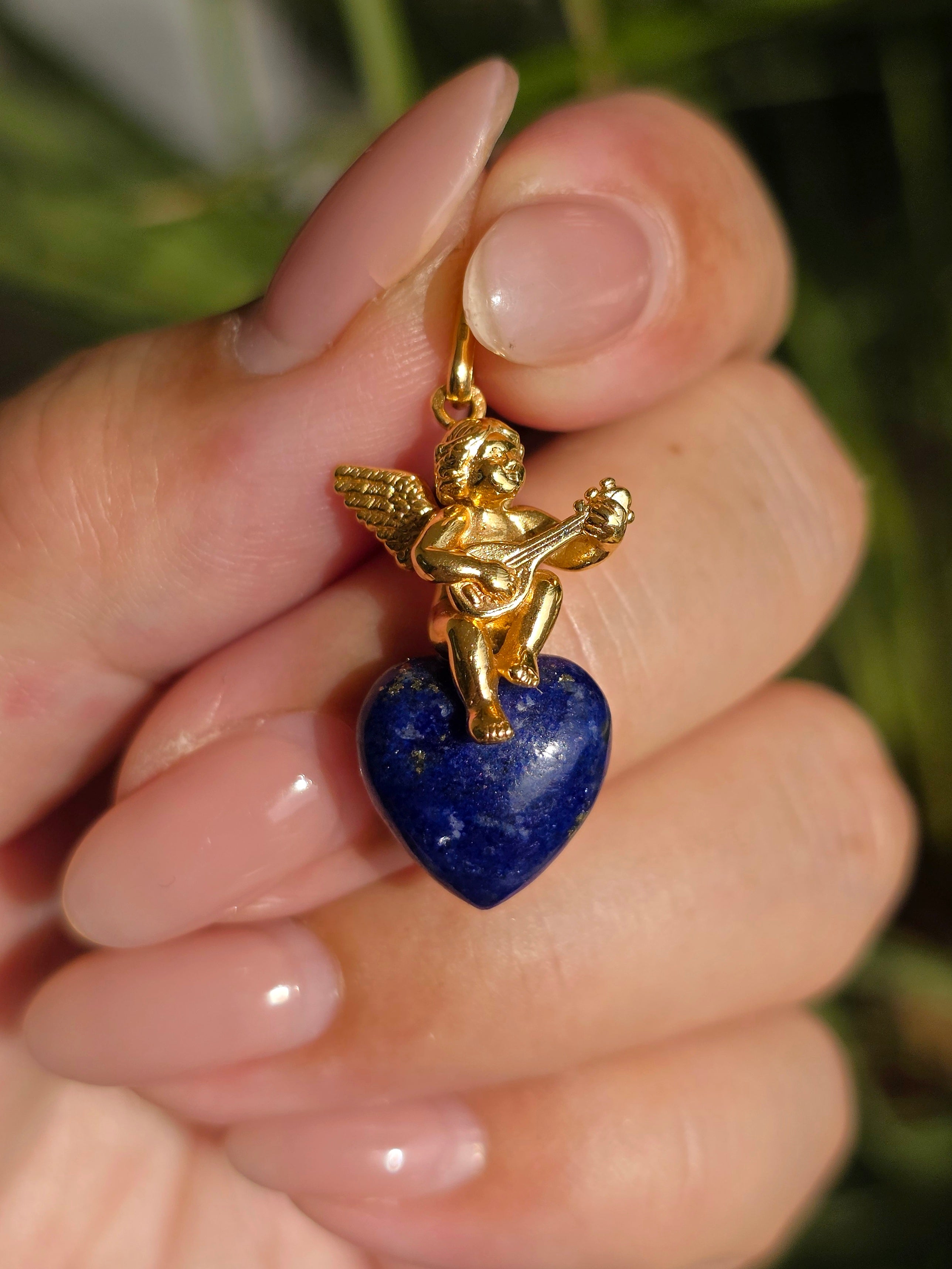 18k Solid Gold Sculpted Angel Cherub Lapis Heart Pendant | Indulgems