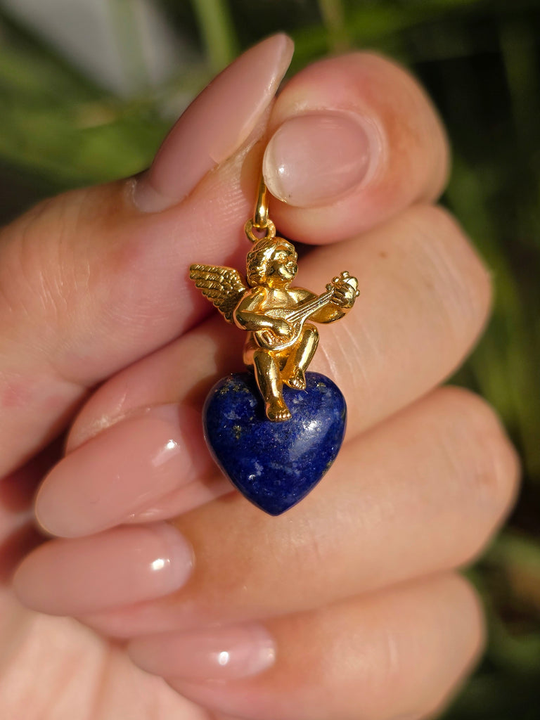 18k Solid Gold Sculpted Angel Cherub Lapis Heart Pendant | Indulgems