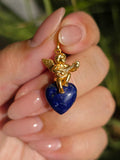 18k Solid Gold Sculpted Angel Cherub Lapis Heart Pendant | Indulgems