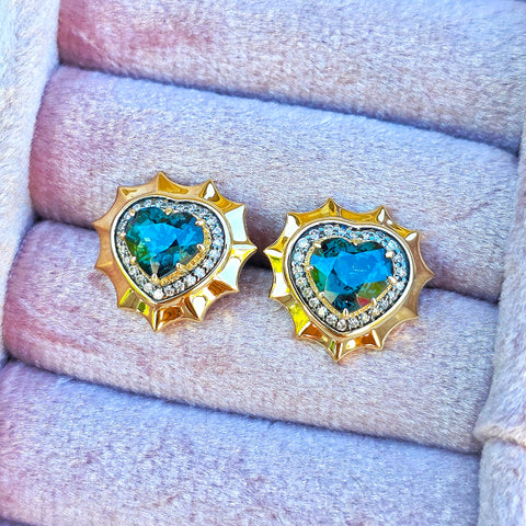 14k Yellow Gold Stud Earrings Burmese Teal Spinel | Indulgems | Aurora Halo