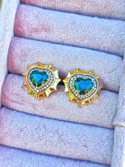 14k Yellow Gold Stud Earrings Burmese Teal Spinel | Indulgems | Aurora Halo