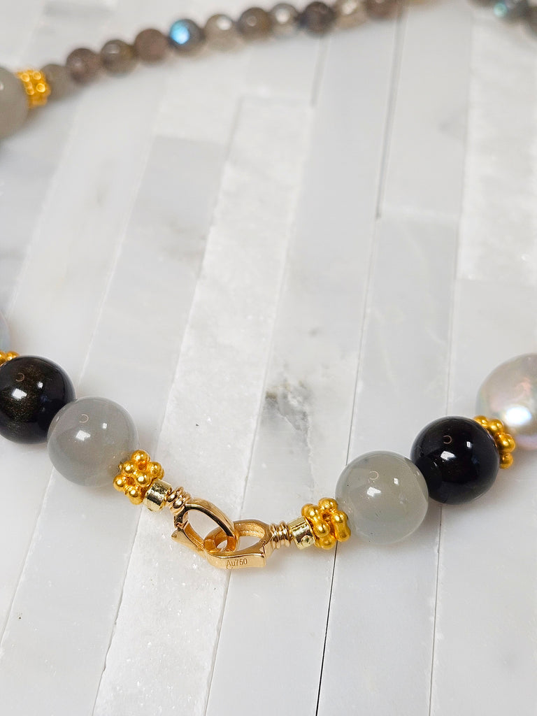 Labradorite, Grey Moonstone, Golden Obsidian and Freshwater Pearl 18K Gold Necklace 21"