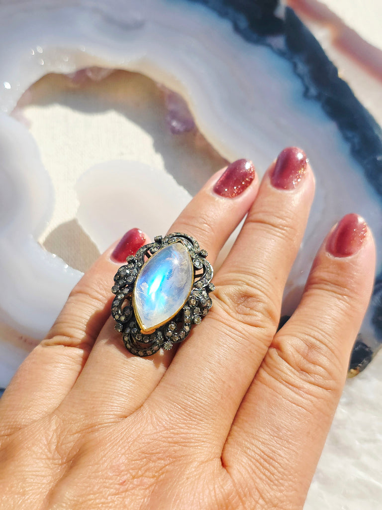 18k Gold & Sterling Silver Rainbow Moonstone Marquise Cabochon with Champaign Diamond Ring | Indulgems