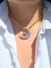 14k Gold and Silver Vintage Rainbow Moonstone, Sapphire & Diamond Statement Crescent Star Brooch | Indulgems