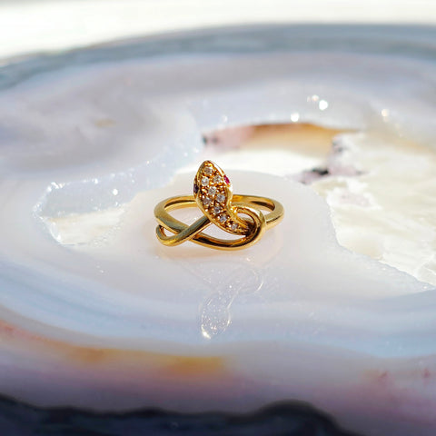 18K Solid Yellow Gold Antique Snake Ring with Diamond and Ruby Size 6.5 | Antique Jewelry | Indulgems | Designs in Real Gold