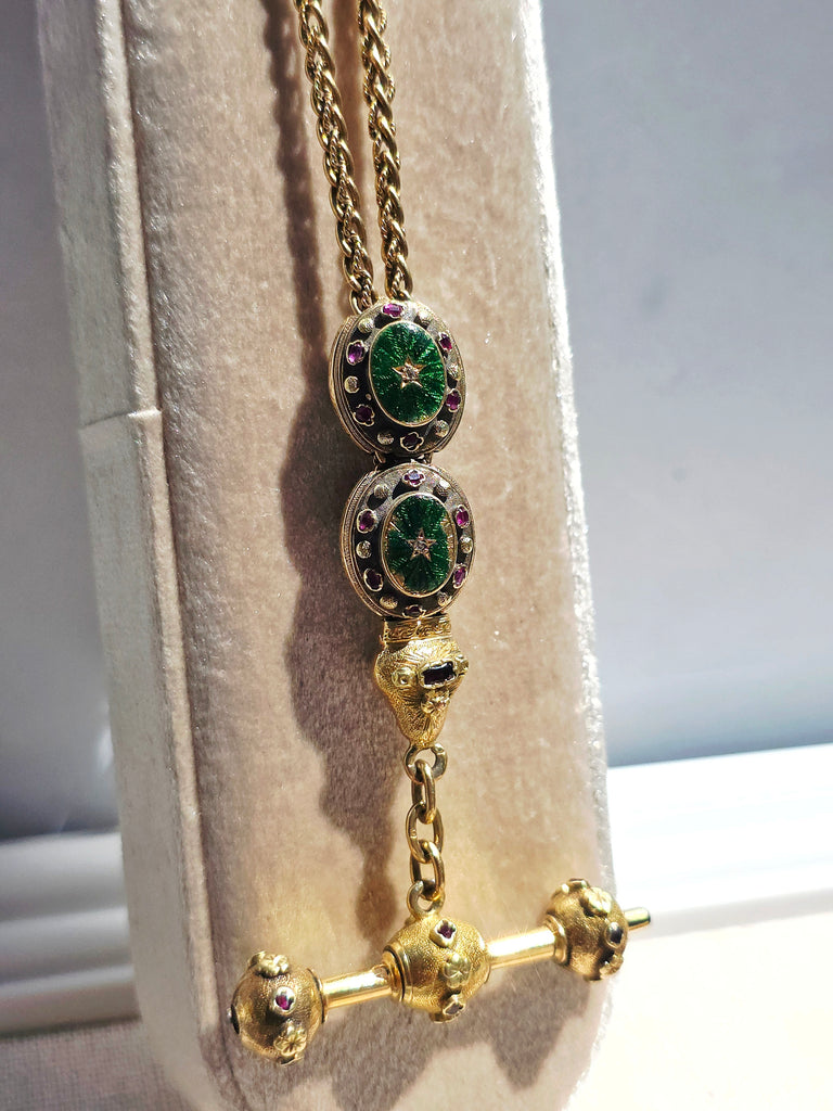 18k Solid Gold Green Enameled Watch Chain Necklace with Ruby Accent | Indulgems | Antique Revival