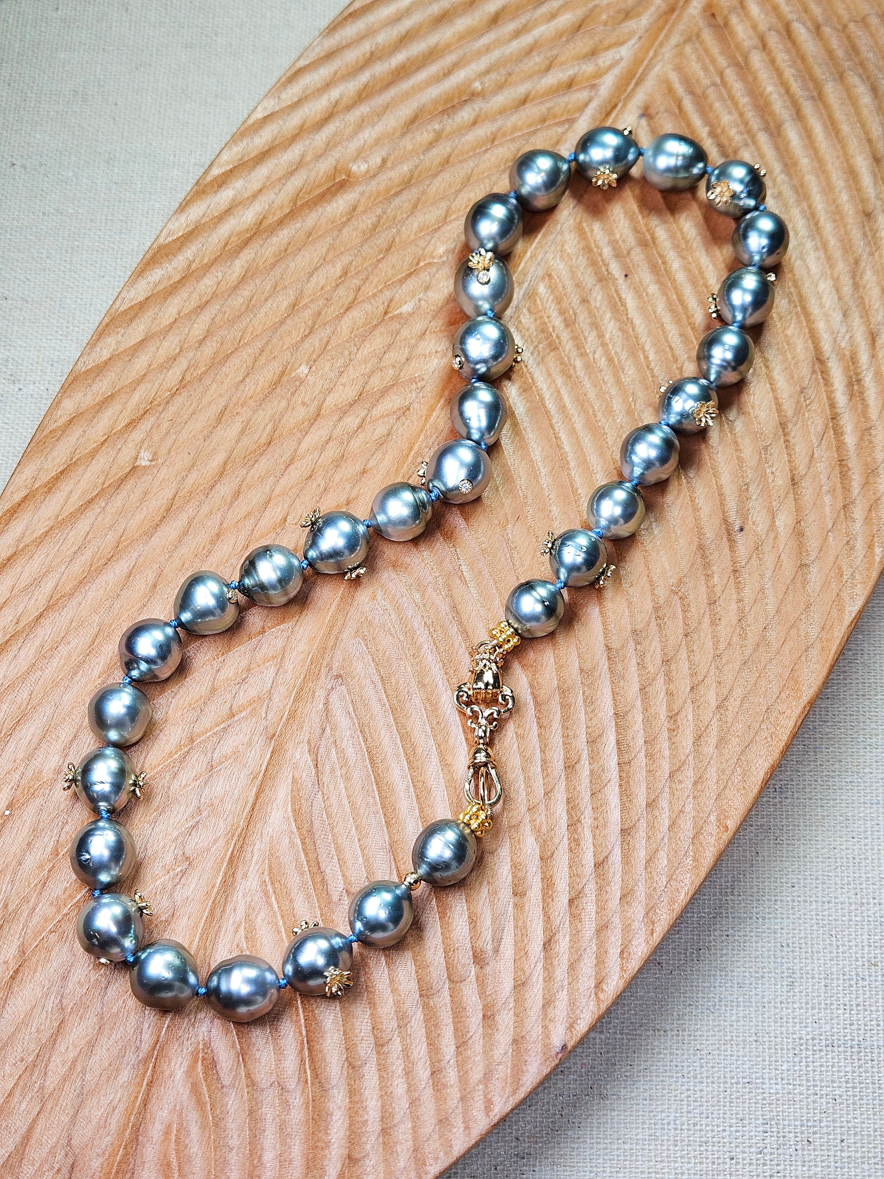 18K Solid Gold Natural Silver Tahitian Pearl Necklace with Small Flowers, Diamonds & Antique inspired Hand Fist Clasp 18"