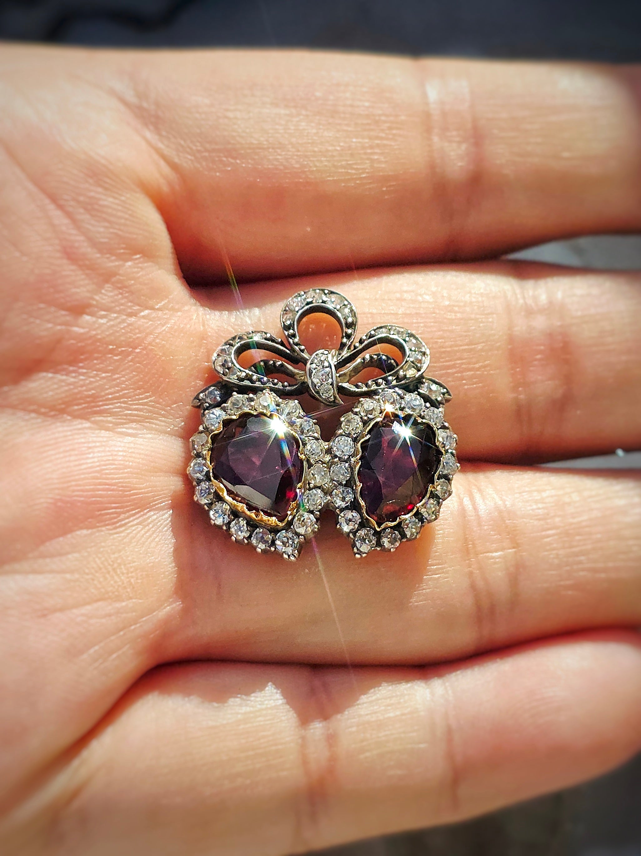 14k Gold & Silver Victorian Antique Double Heart Garnet and Diamond Brooch | Indulgems