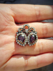 14k Gold & Silver Victorian Antique Double Heart Garnet and Diamond Brooch | Indulgems