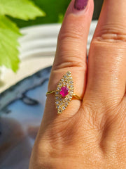 18k Solid Gold Ruby & Rose-Cut Diamond Navette Ring Size 6.5 | Indulgems
