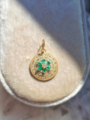14k Yellow Gold Emerald & Diamond Round Disc Charm | Indulgems
