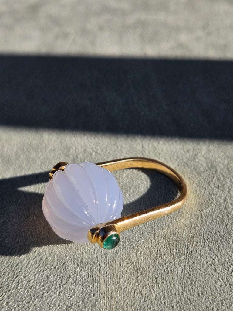 14k Yellow Gold Blue Chalcedony & Emerald Fidget Ring Pendant | Indulgems | Designs in Real Gold