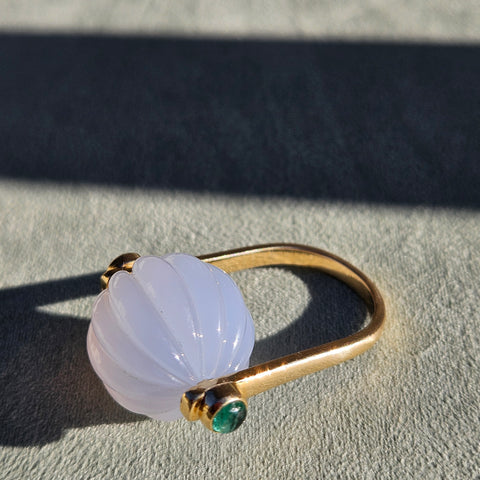 14k Yellow Gold Blue Chalcedony & Emerald Fidget Ring Pendant | Indulgems | Designs in Real Gold