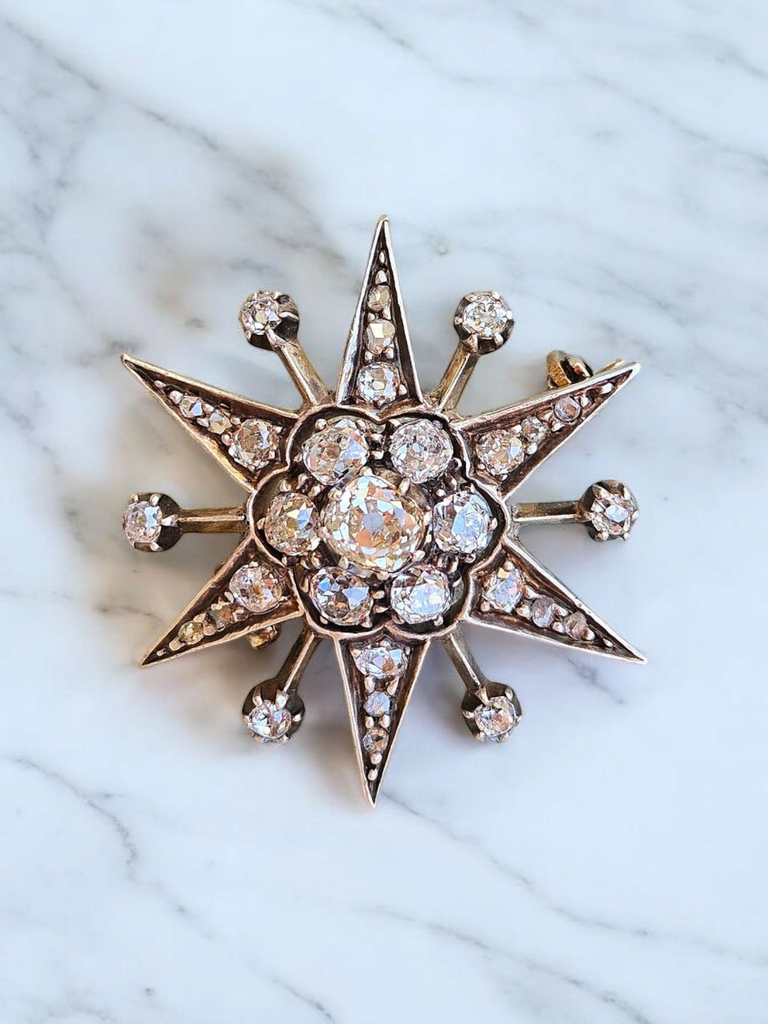 14K Yellow Gold & Silver - Antique Diamond Star Brooch | Indulgems | Designs in Real Gold