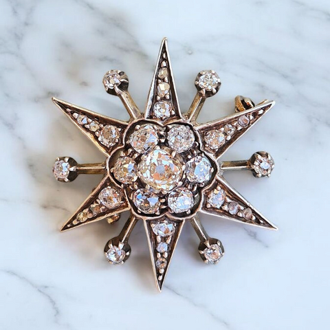 14K Yellow Gold & Silver - Antique Diamond Star Brooch | Indulgems | Designs in Real Gold