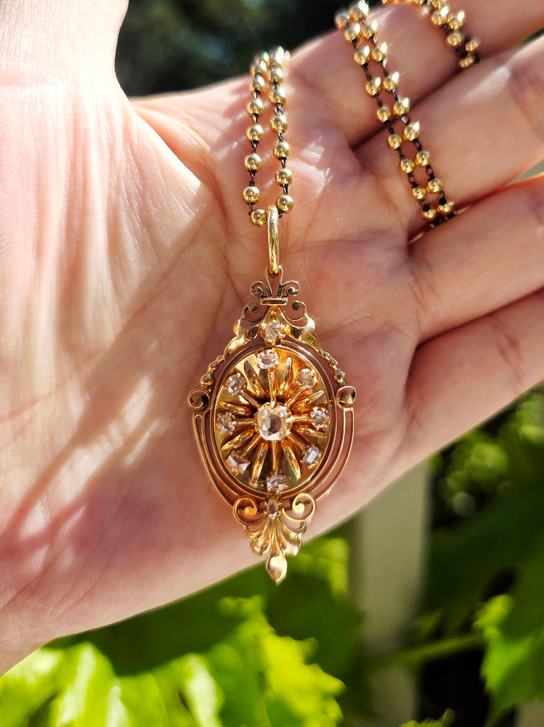 18k Solid Gold Antique Spanish Matching Set Rose-Cut Diamond Bangle Bracelet & Brooch Pendant | Indulgems