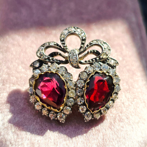 14k Gold & Silver Victorian Antique Double Heart Garnet and Diamond Brooch | Indulgems