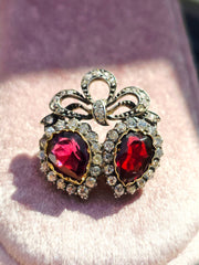 14k Gold & Silver Victorian Antique Double Heart Garnet and Diamond Brooch | Indulgems